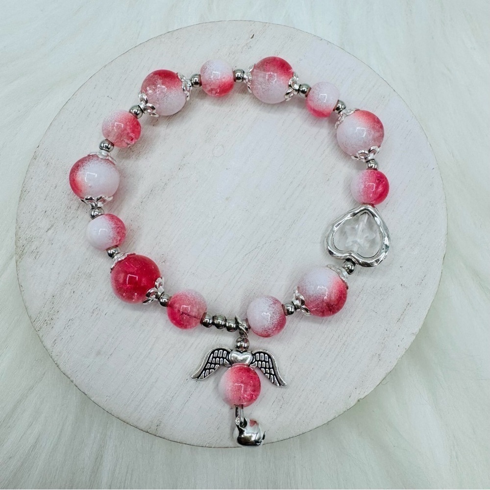 Pink  Beaded w/ Angel Charm Bracelet - Small wrists